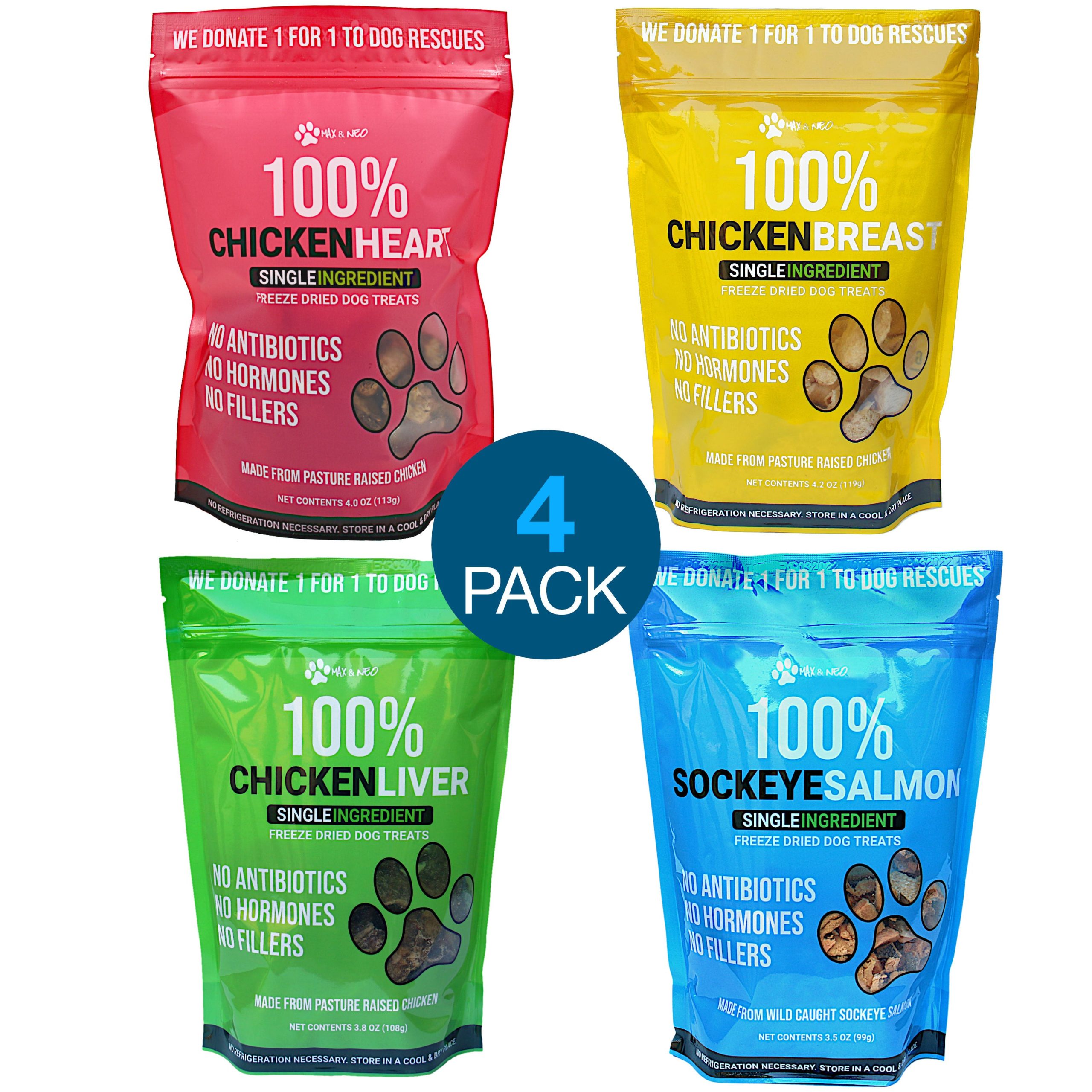 4 PACK Chicken and Sea Freeze Dried Dog Treats (Chicken Breast, Chicken Heart, Chicken Liver, Sockeye Salmon) - Image 1