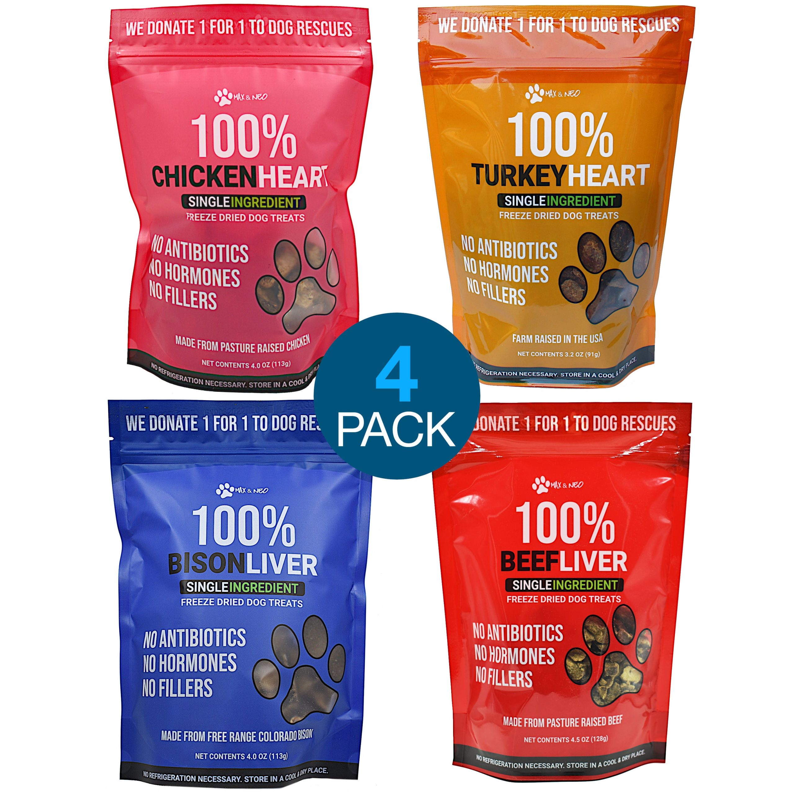 4 PACK Hearts and Liver Freeze Dried Dog Treats (Beef Liver, Bison Liver, Chicken Heart, Turkey Heart) - Image 1