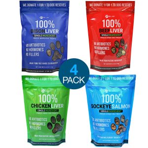 4 PACK Livers and Salmon Freeze Dried Dog Treats (Beef Liver, Bison Liver, Chicken Liver, Sockeye Salmon) - Image 1