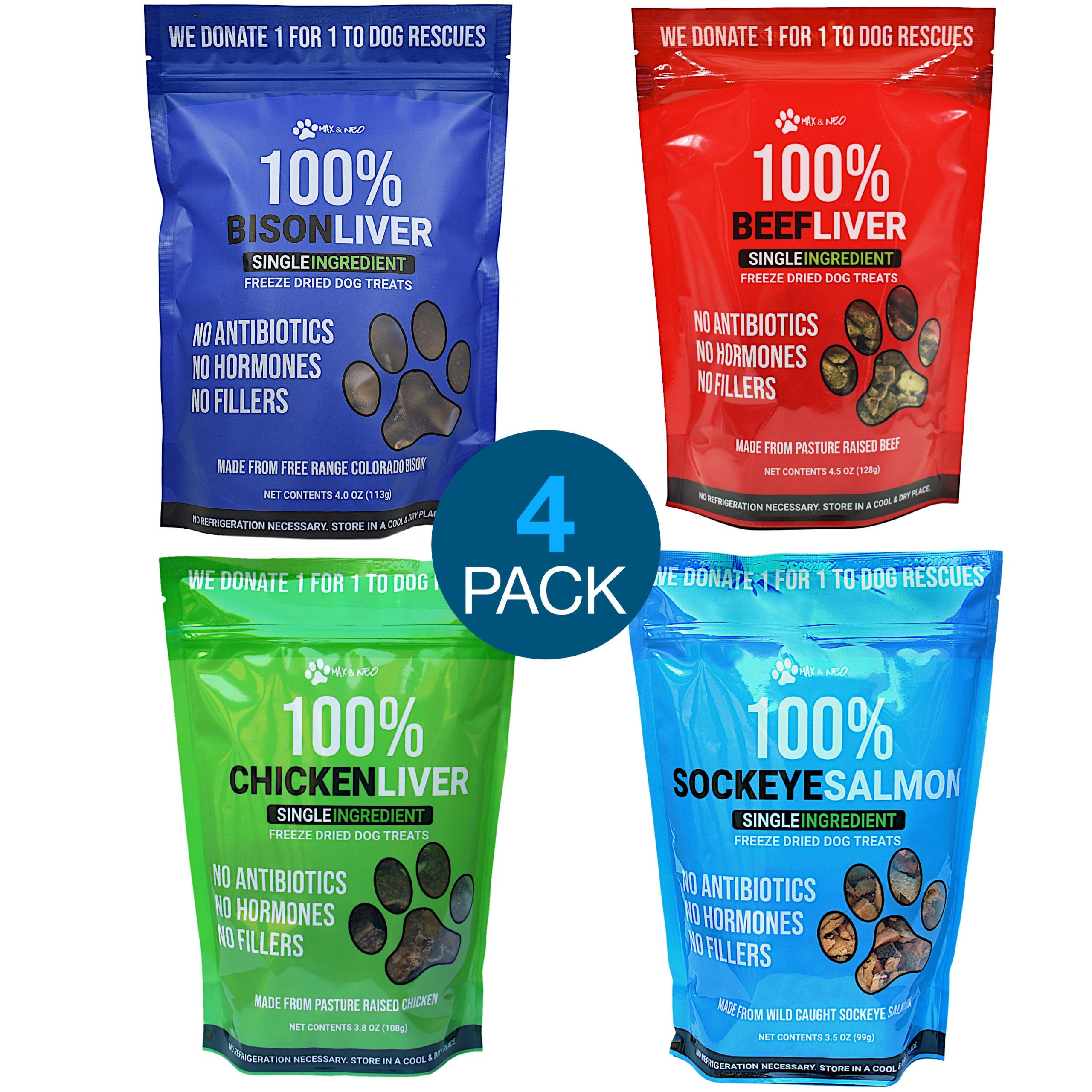 4 PACK Livers and Salmon Freeze Dried Dog Treats (Beef Liver, Bison Liver, Chicken Liver, Sockeye Salmon) - Image 1